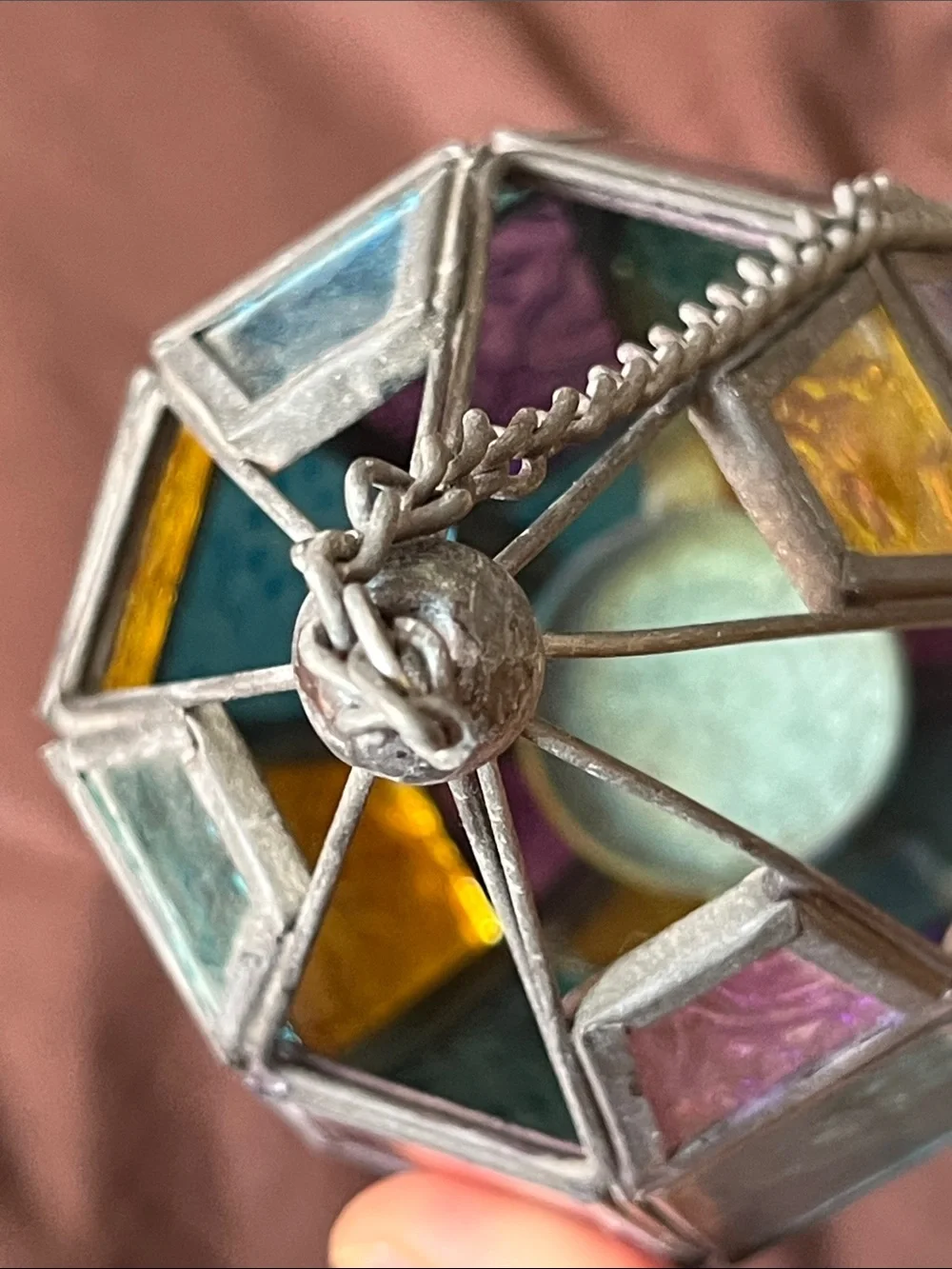 Antique Multicolor Stained Glass Hanging Lantern - Teal, Purple, Gold